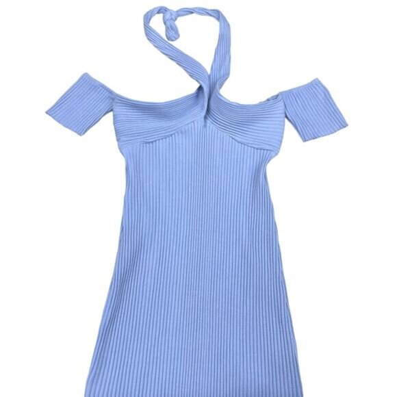 NWT ZARA Halter Neck Ribbed Knot Detail Dress Sz Large Sky Blue - Picture 3 of 6